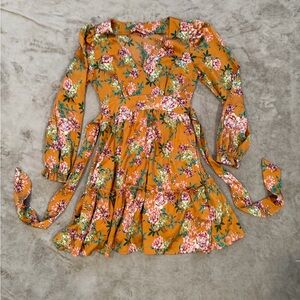 Floral Tie-Waist Long Sleeve Mini Dress - Mustard Floral